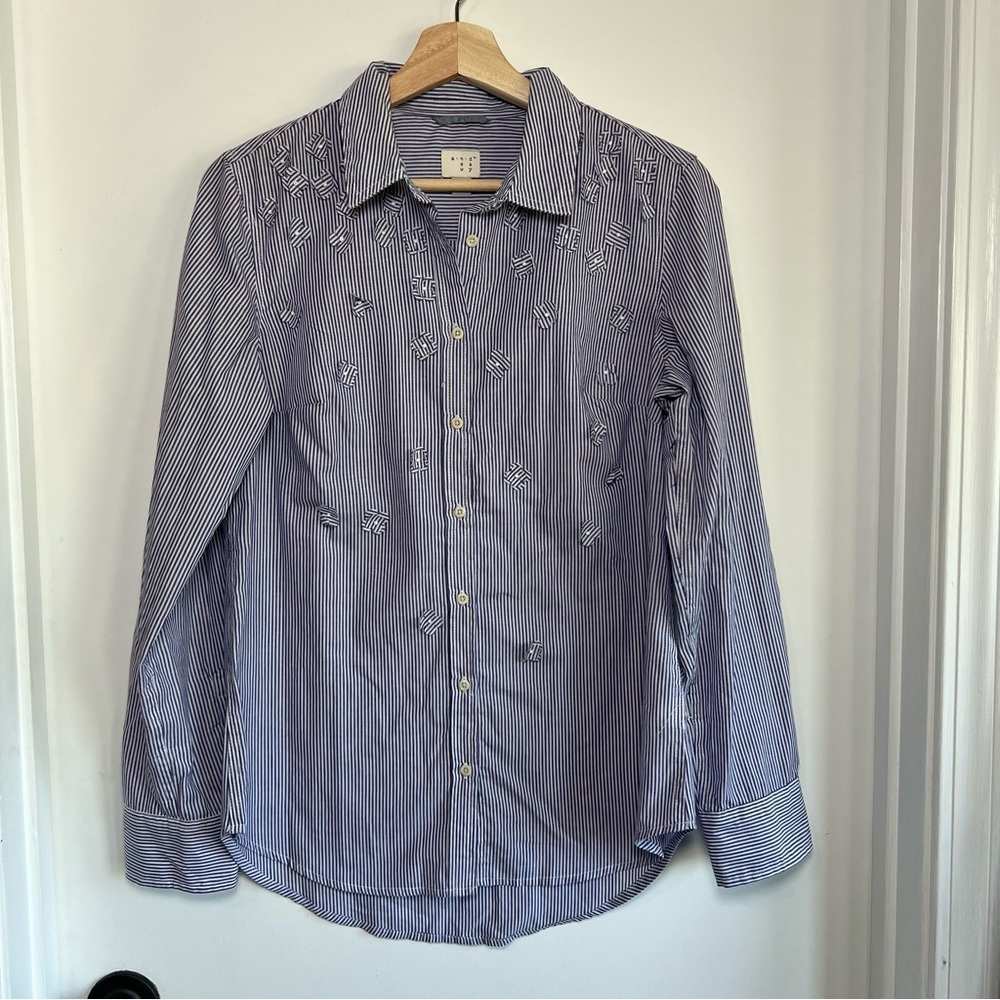 A New Day Blue White Stripe Flower Appliqué Button Up Shirt, Size Medium